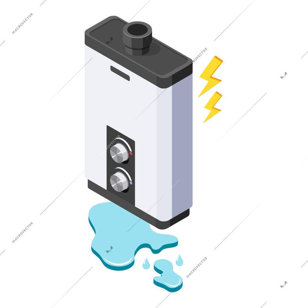 Leaking water boiler isometric icon on white background 3d vector illustration