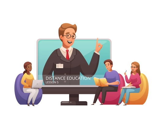 Distance education cartoon icon with happy students on online lesson vector illustration