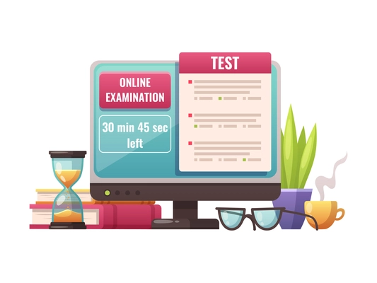 Online education cartoon composition with exam test on computer monitor and student desk vector illustration