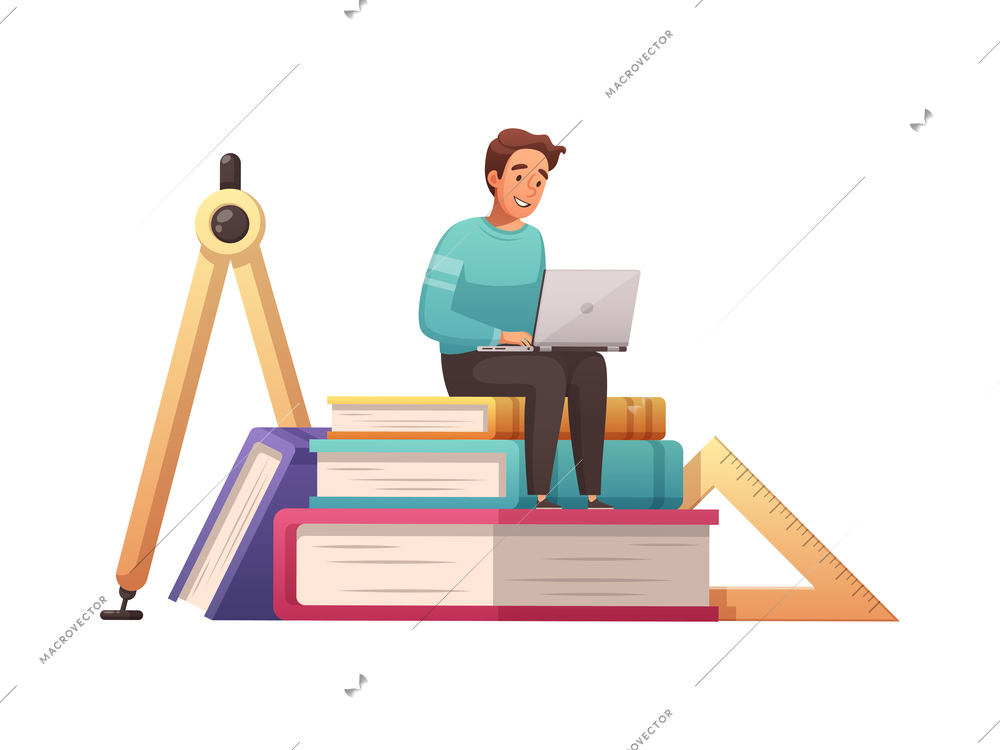 Cartoon icon with stack of books ruler and boy studying online with laptop vector illustration