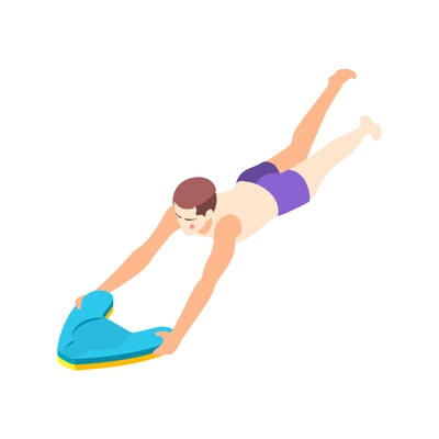 Man learning to swim with colorful kickboard isometric vector illustration