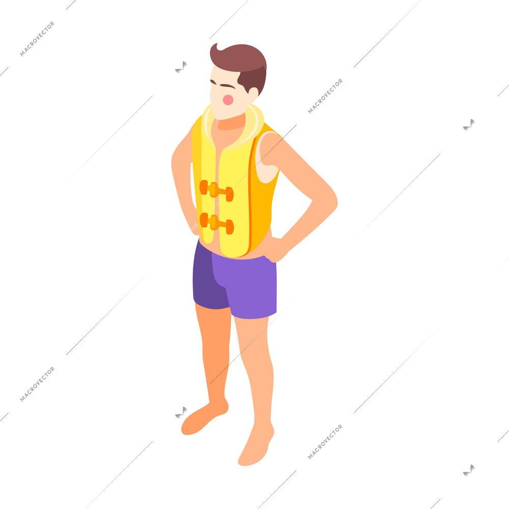 Man wearing yellow inflatable life vest isometric icon on white background vector illustration