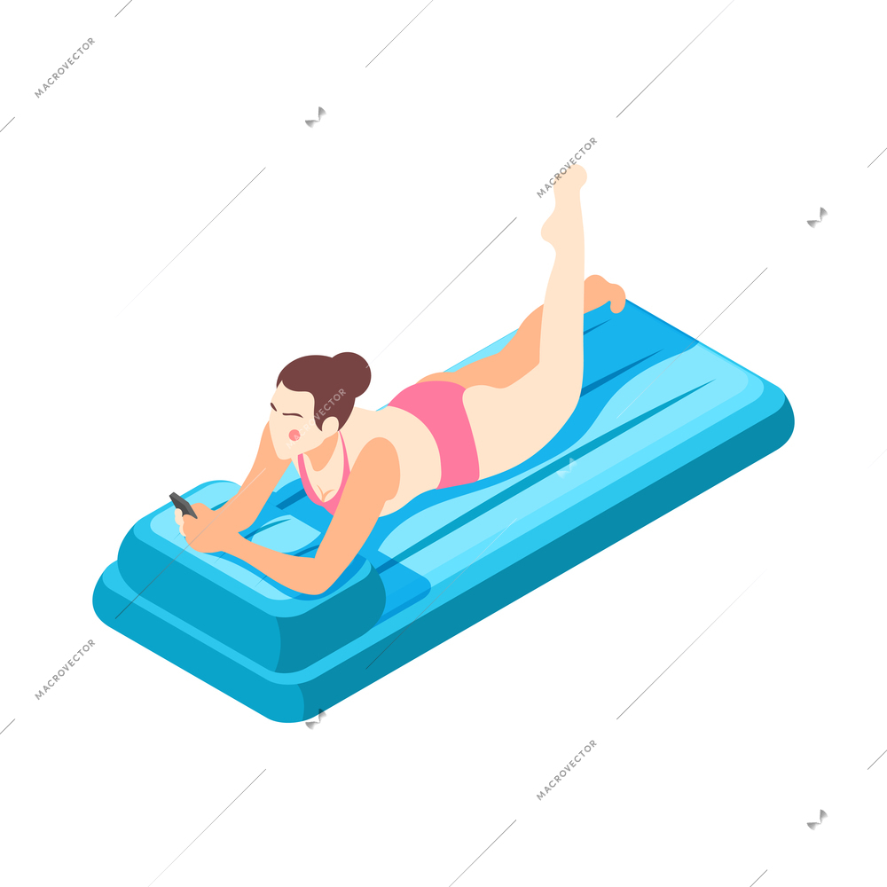 Isometric icon of woman relaxing with smartphone on blue swimming air bed vector illustration