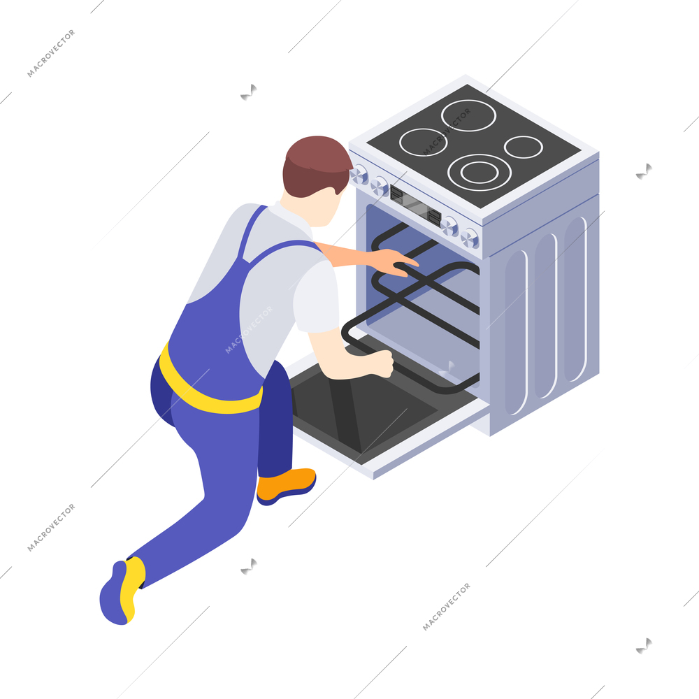 Worker in uniform fixing cooker stove isometric icon vector illustration