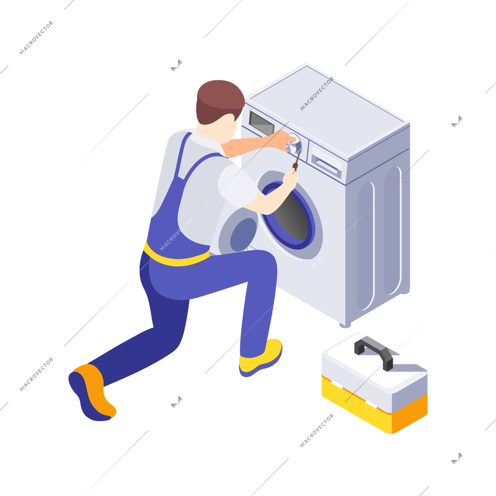 Isometric icon with repair service worker fixing washing machine vector illustration