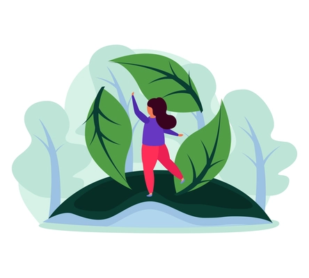 Flat save planet icon with green leaves and character in forest vector illustration