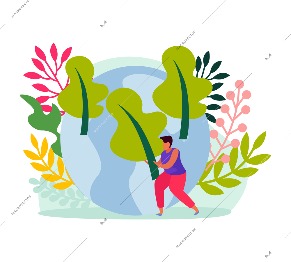 Flat design ecology concept with human character planting green trees vector illustration