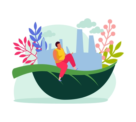 Save nature flat concept with man sitting on green leaf on background with working factories vector illustration