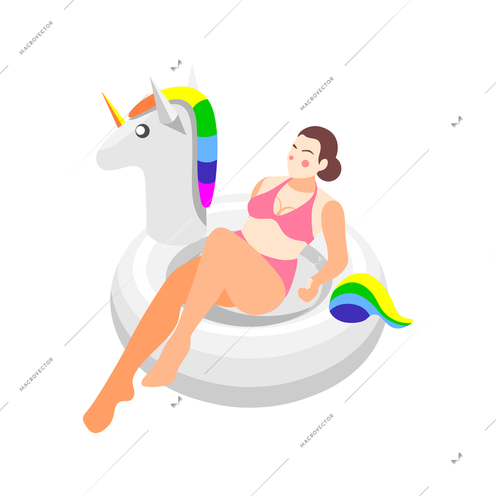 Woman relaxing in swimming ring in shape of unicorn isometric vector illustration