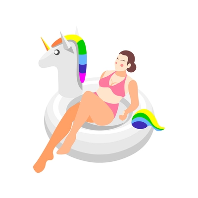 Woman relaxing in swimming ring in shape of unicorn isometric vector illustration