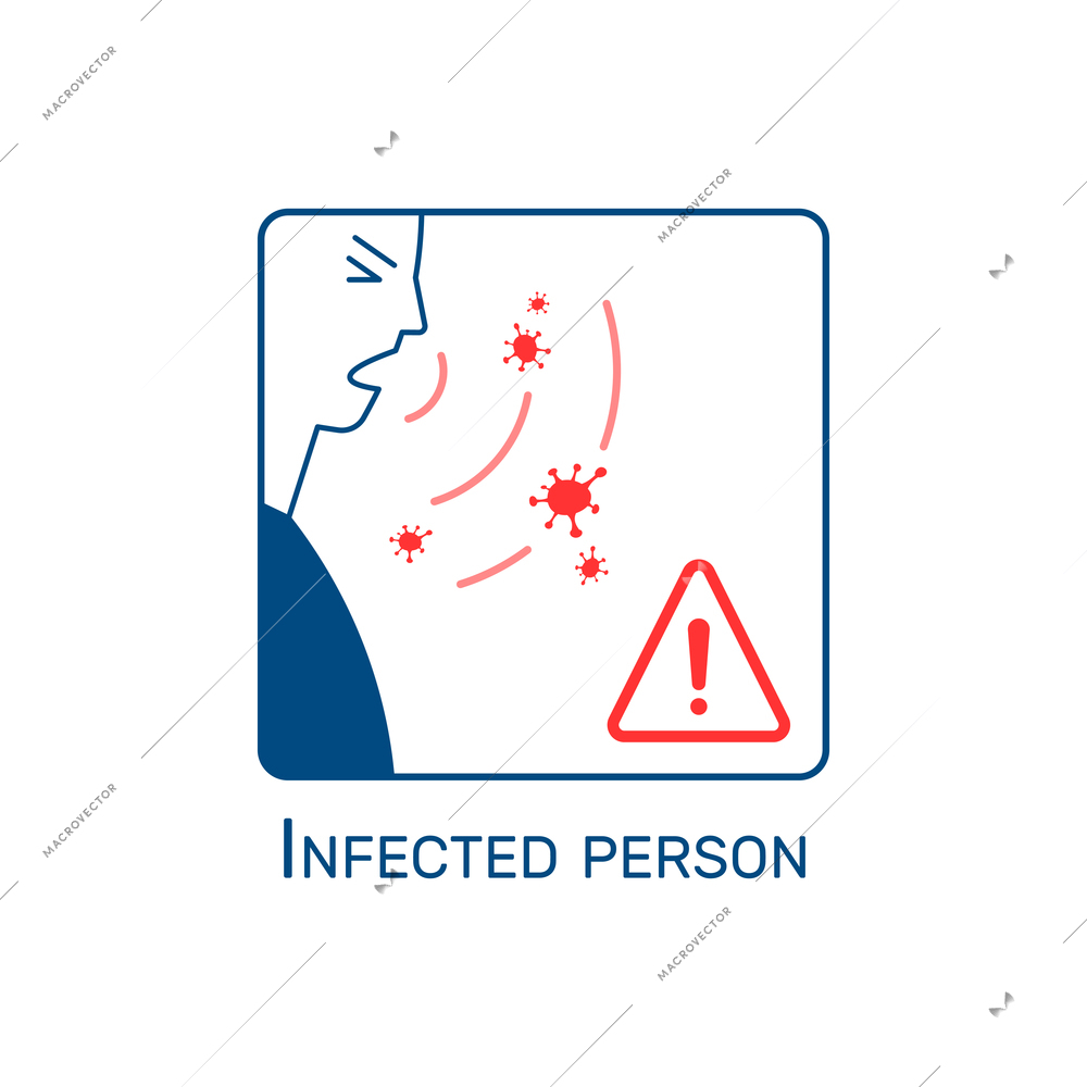 Coronavirus flat icon with coughing infected person and warning sign vector illustration