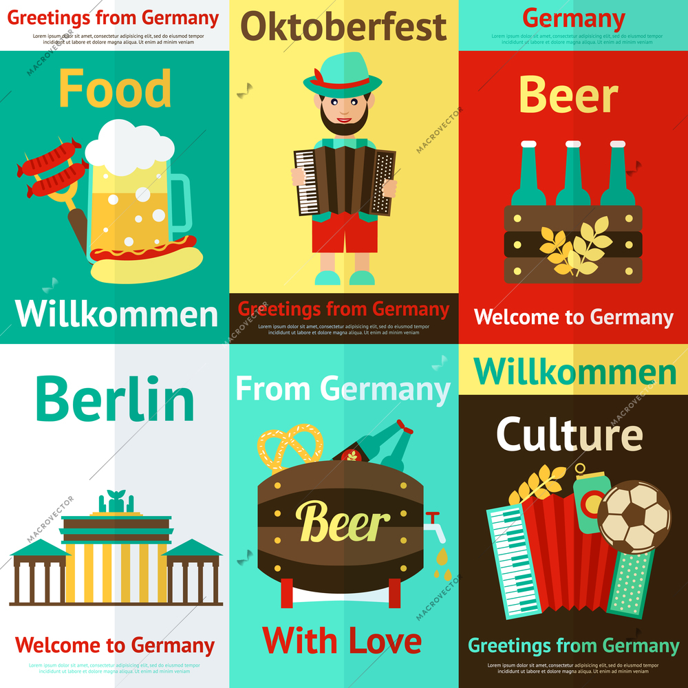 Germany travel traditional food culture and attractions retro poster set isolated vector illustration