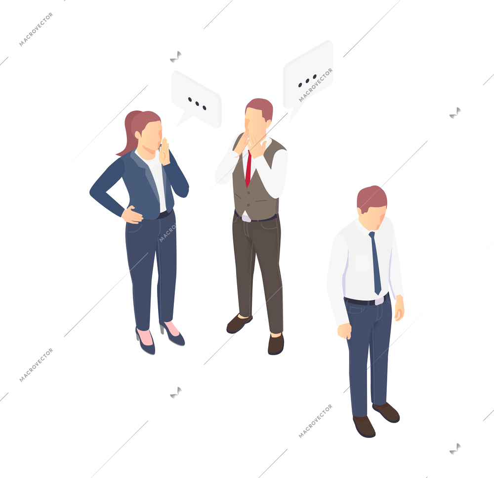 Problem situation icon with sad man and his gossiping colleagues isometric vector illustration