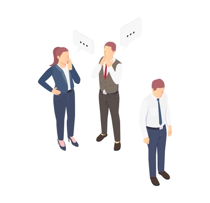 Problem situation icon with sad man and his gossiping colleagues isometric vector illustration