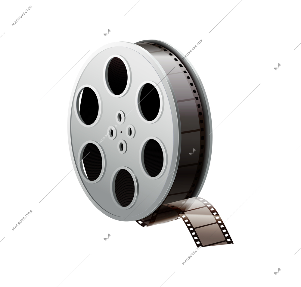 Realistic film reel with strip on white background vector illustration