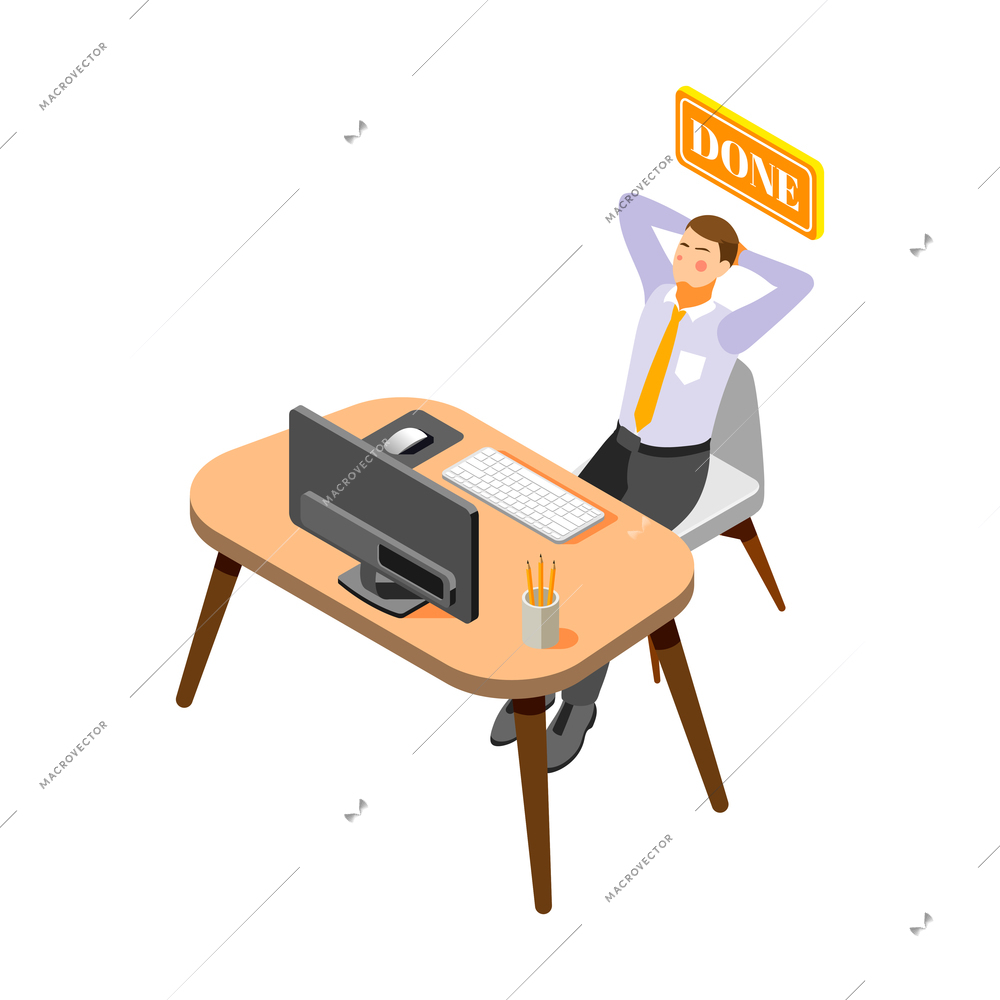 Isometric icon with relieved man finished his work in office 3d vector illustration