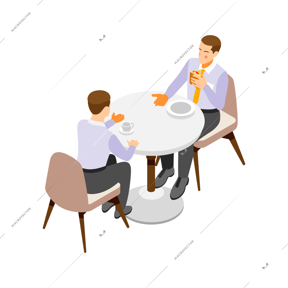 Two office workers having lunch break isometric icon on white background vector illustration