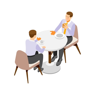 Two office workers having lunch break isometric icon on white background vector illustration