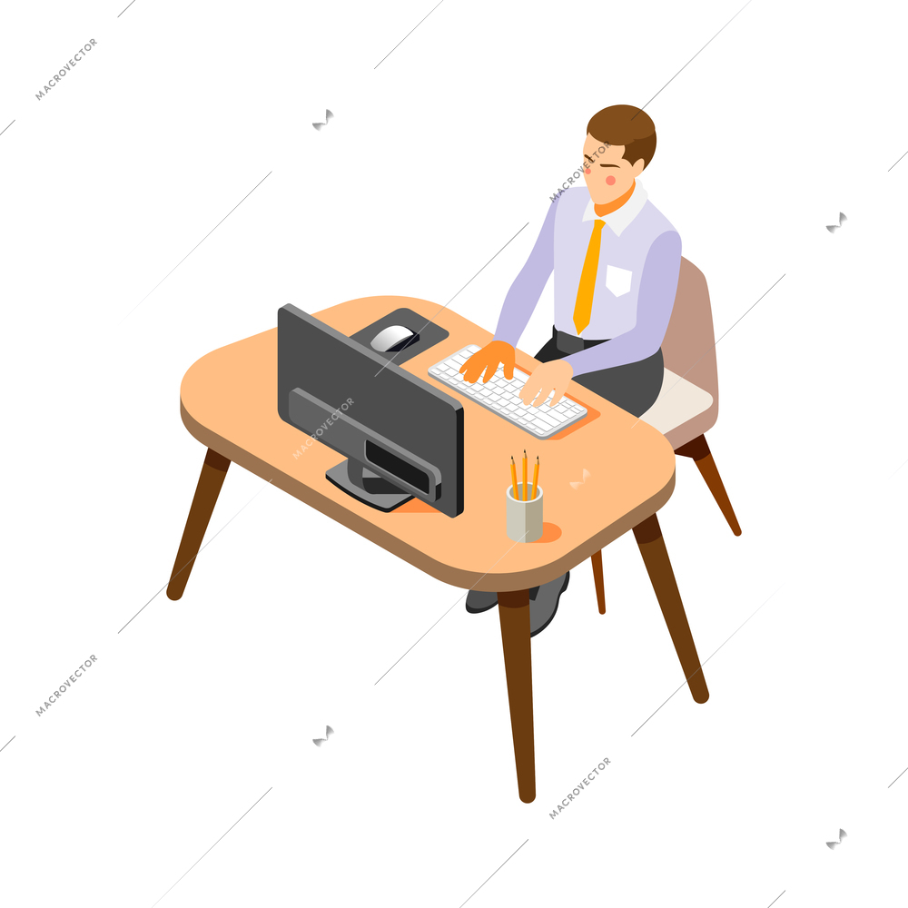 Isometric daily routine icon with man working on computer in office 3d vector illustration