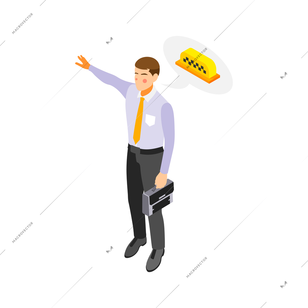 Man in office wear with briefcase hailing taxi isometric icon vector illustration