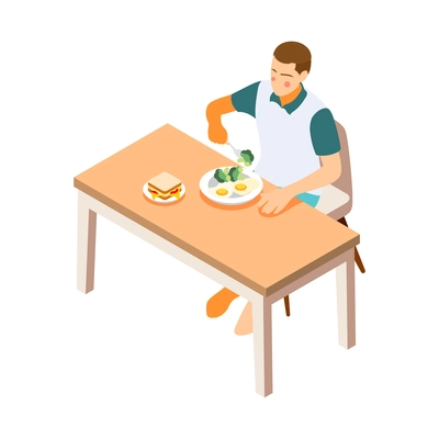 Man having eggs and sandwich for breakfast isometric icon 3d vector illustration