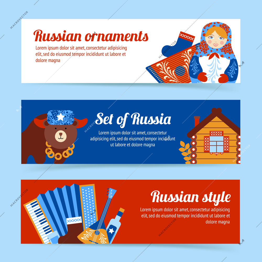 Russia travel style and ornaments banner set isolated vector illustration