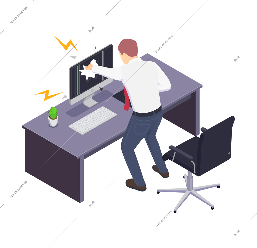 Isometric icon with furious manager breaking computer monitor in office vector illustration