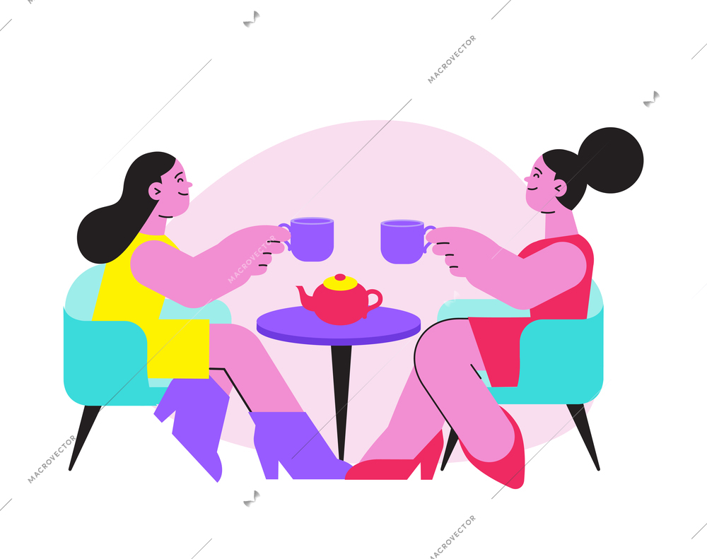 Flat icon with women drinking tea together vector illustration