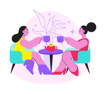 Two women friends with cups and teapot sitting at table flat composition vector illustration