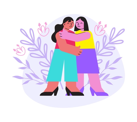 Flat best friends composition with two smiling hugging women vector illustration