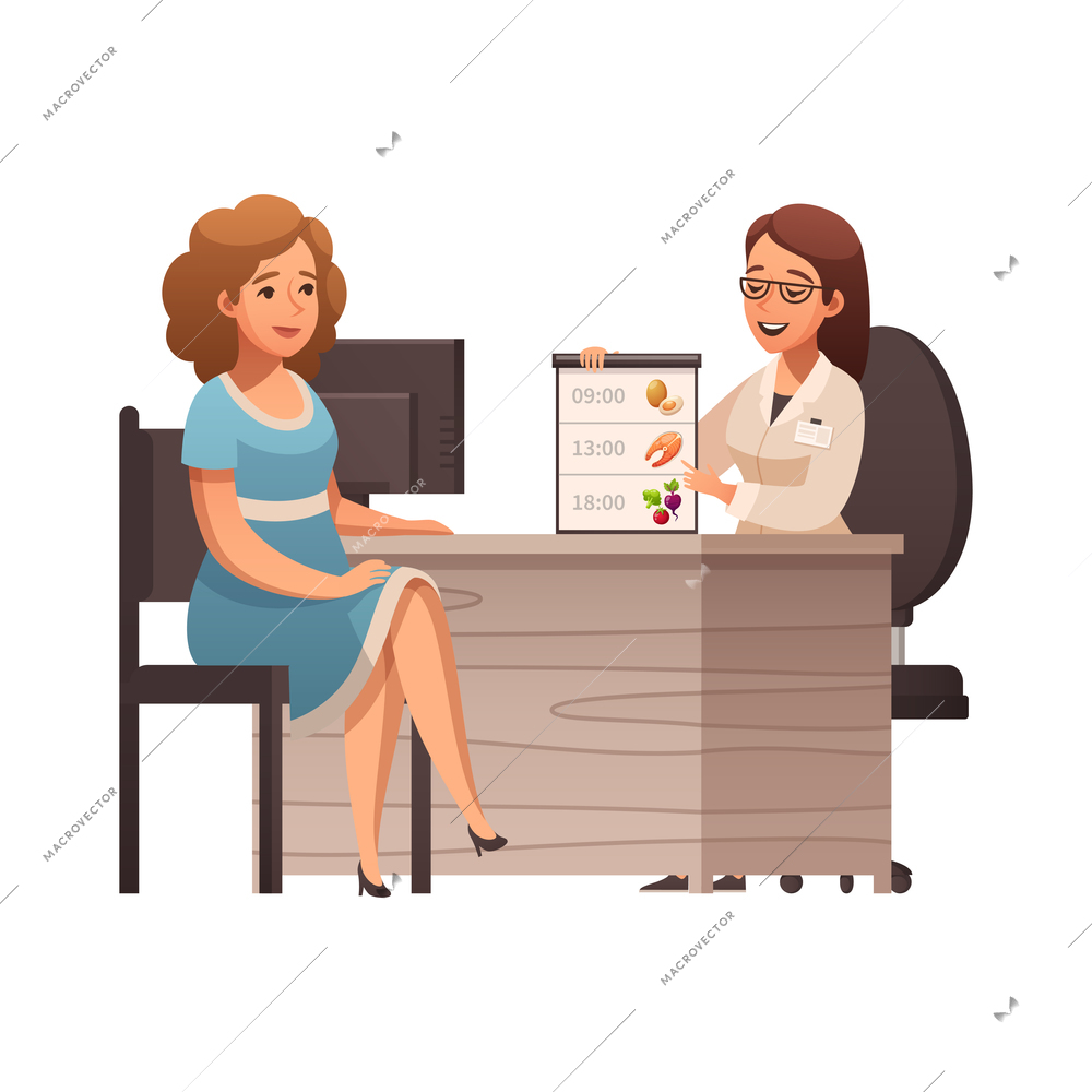 Cartoon icon with female nutritionist planning diet for woman vector illustration