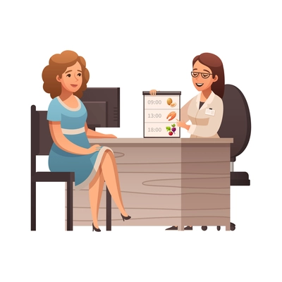 Cartoon icon with female nutritionist planning diet for woman vector illustration