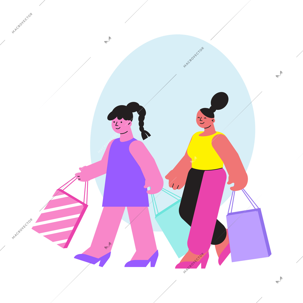 Two happy women doing shopping together flat vector illustration