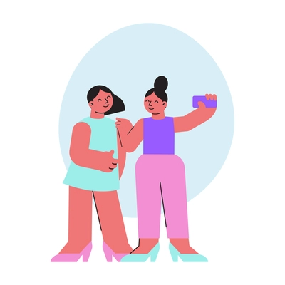 Two women friends taking selfie flat vector illustration