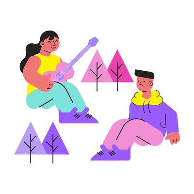 Camping flat icon with people playing guitar in forest vector illustration