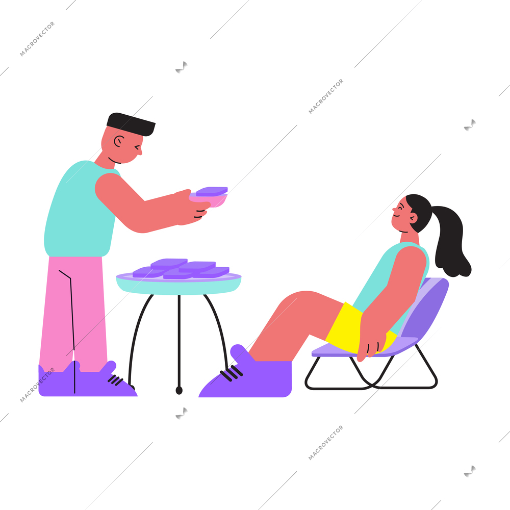 Two people doing barbecue flat icon on white background vector illustration