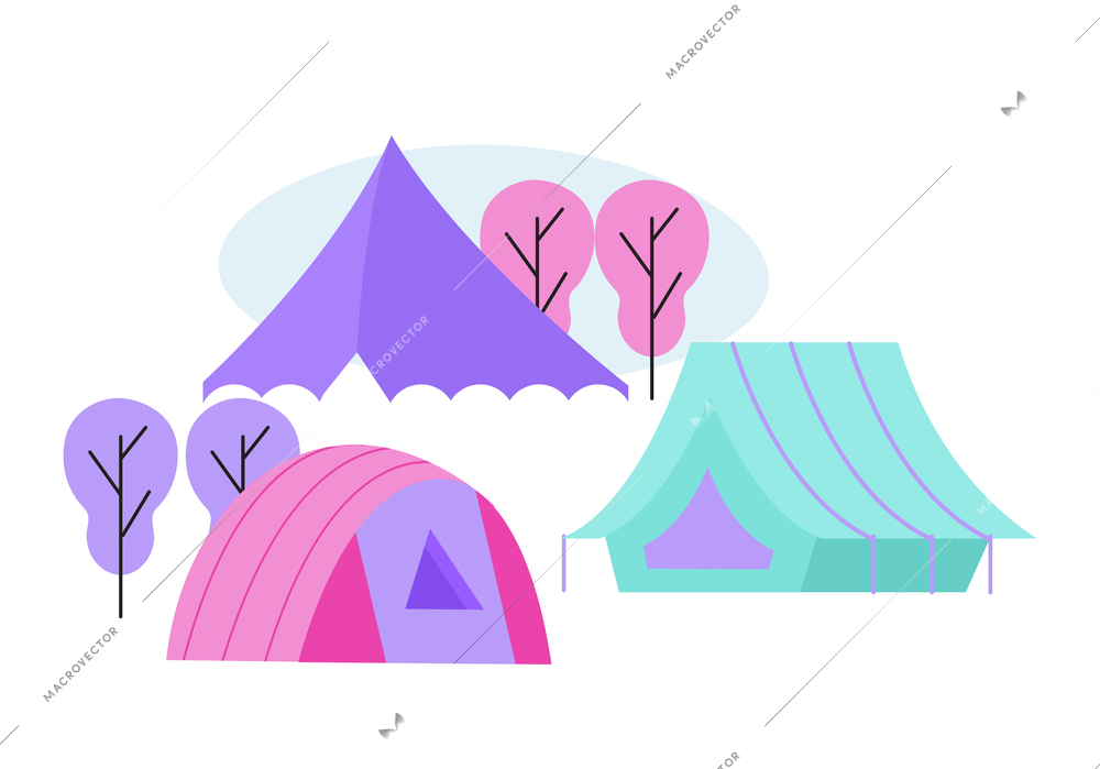 Campsite flat icon with trees and colorful tents vector illustration