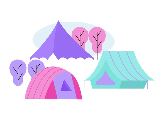 Campsite flat icon with trees and colorful tents vector illustration