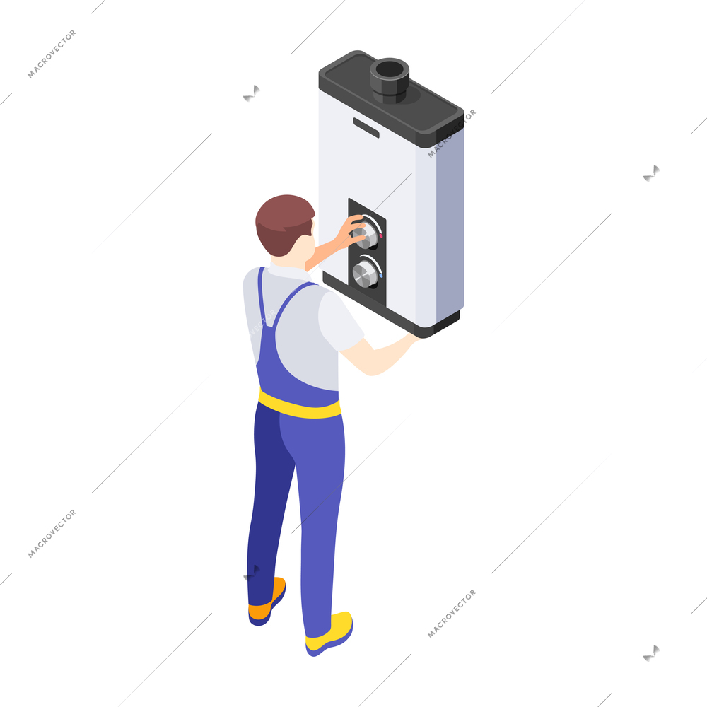 Isometric repairman fixing or installing water heater on white background 3d vector illustration