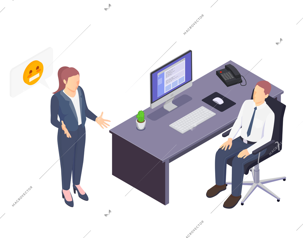 Problem situations at work isometric icon with two office workers 3d vector illustration