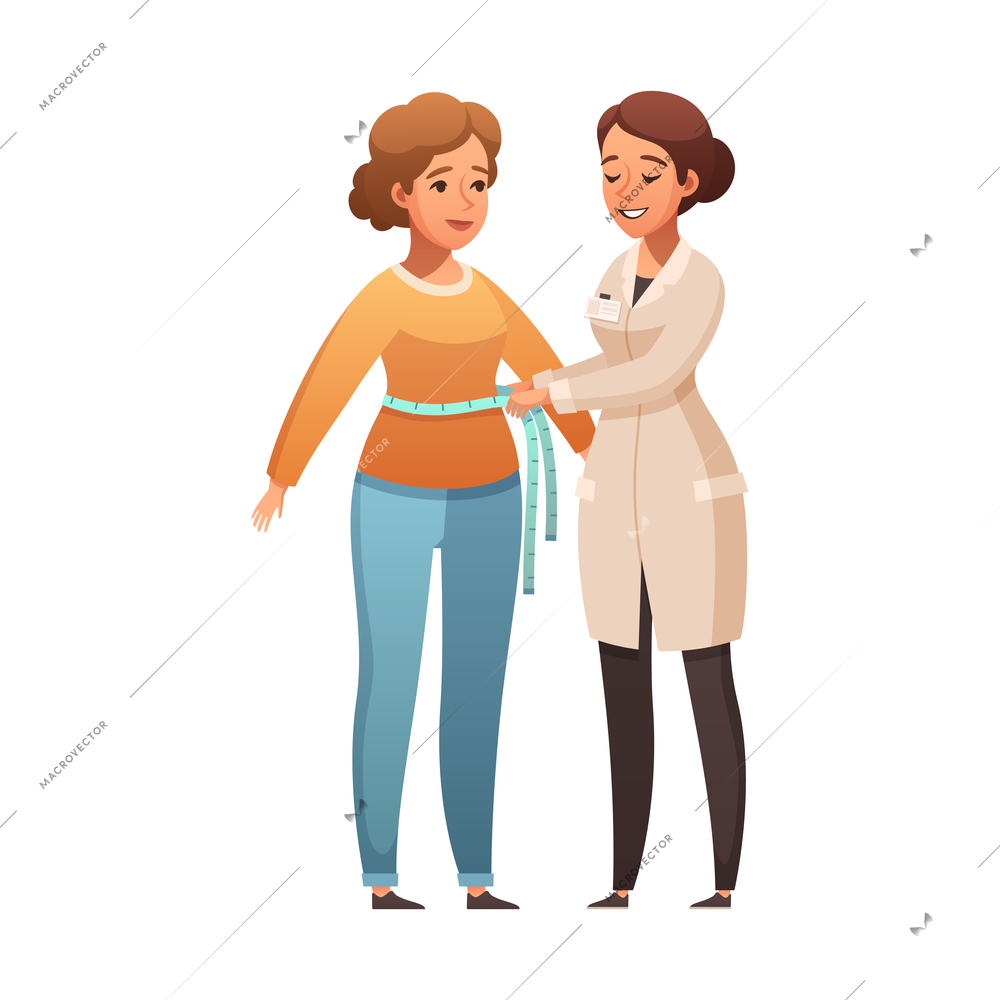 Smiling dietician measuring woman waist cartoon icon vector illustration