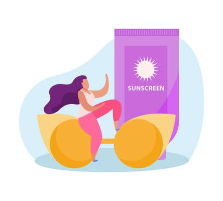 Sunscreen skin care icon with flat purple tube and orange sunglasses vector illustration