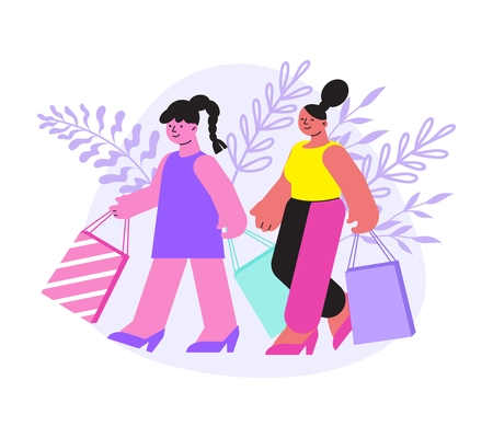 Flat colorful composition with two women holding shopping bags vector illustration