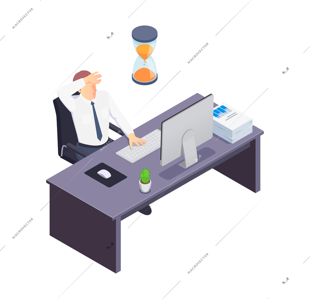 Stressed man in office before deadline isometric icon vector illustration