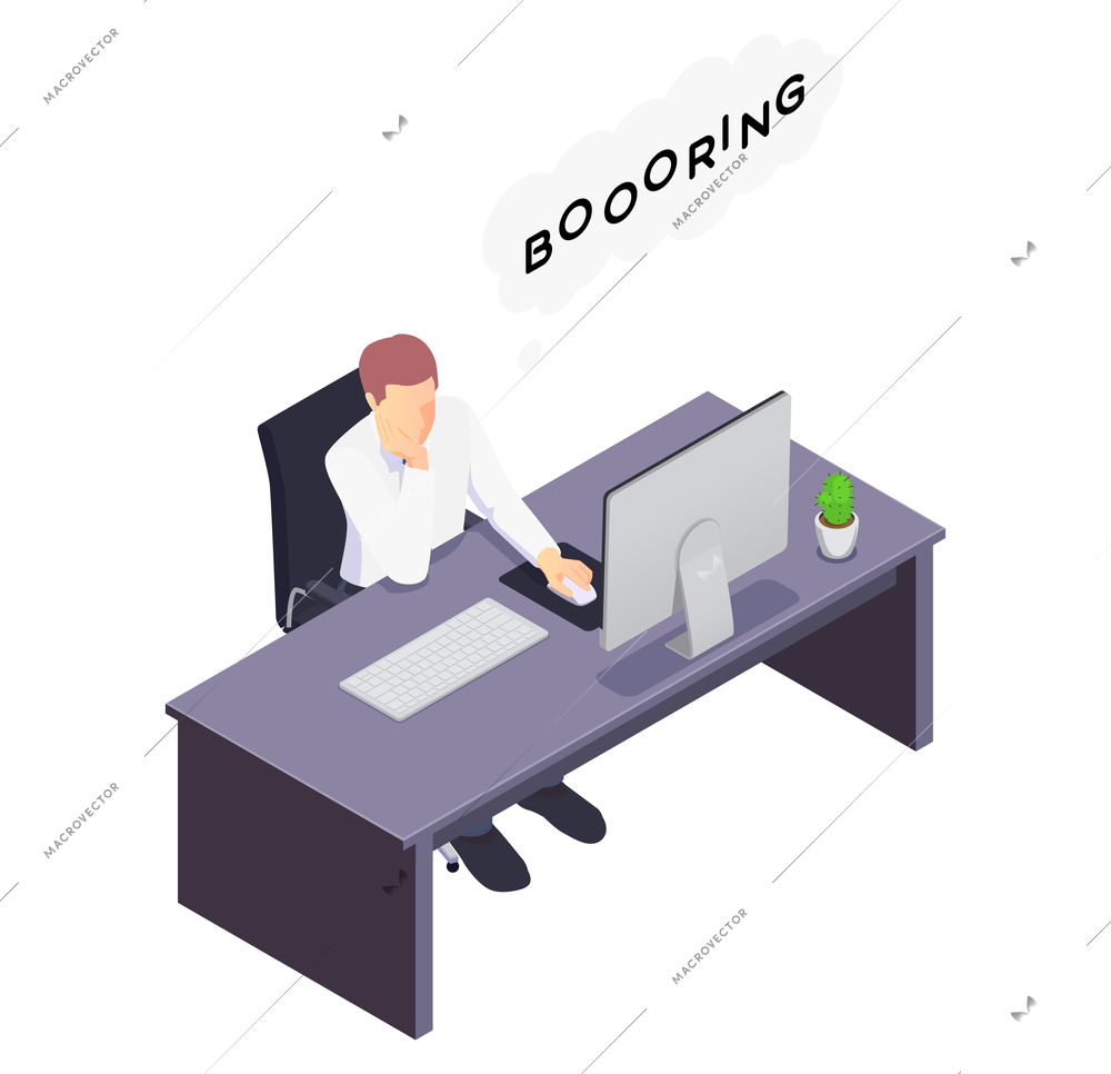 Bored businessman sitting at his desk doing nothing isometric icon vector illustration