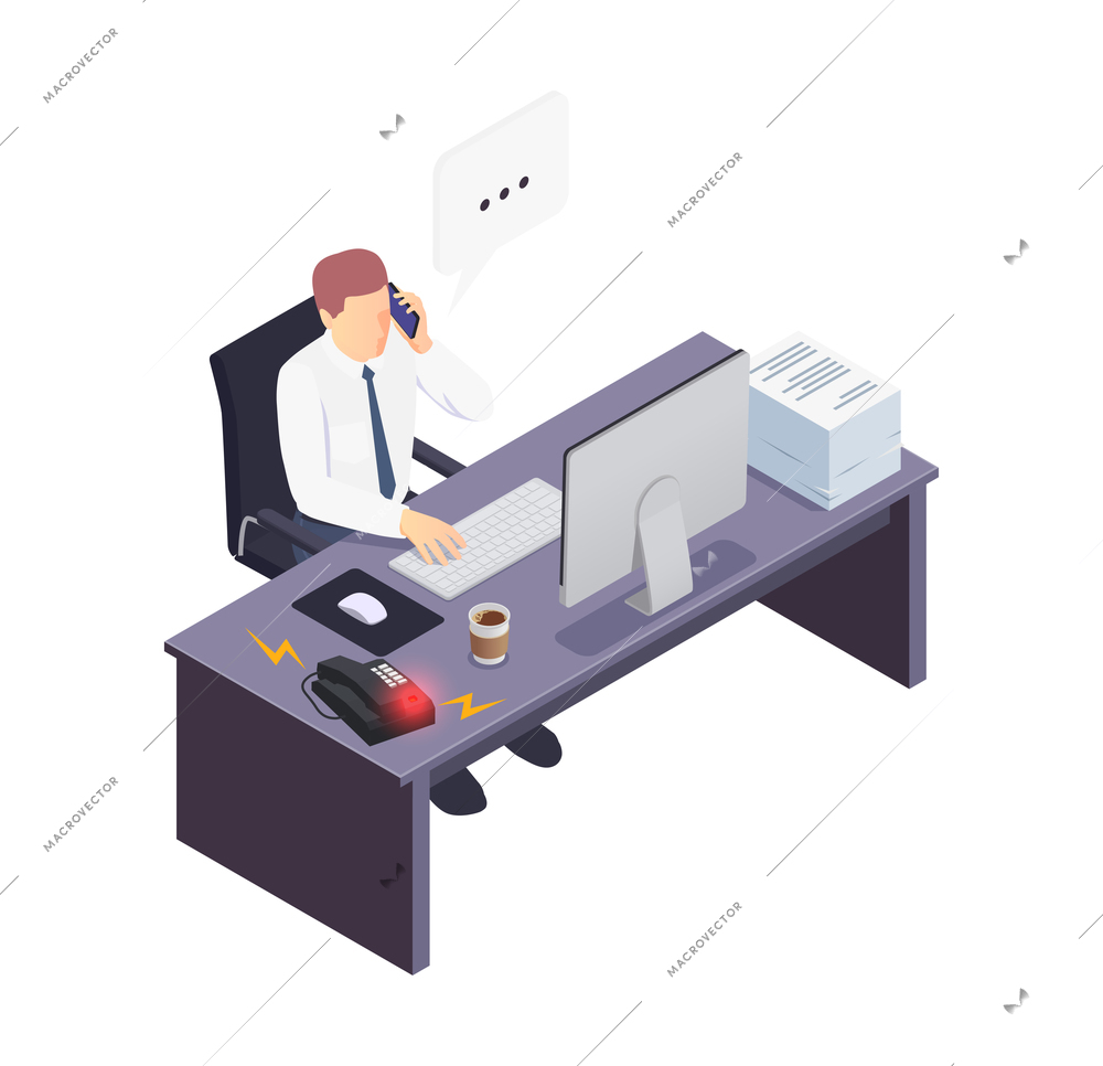 Isometric icon with busy office worker talking on phone 3d vector illustration