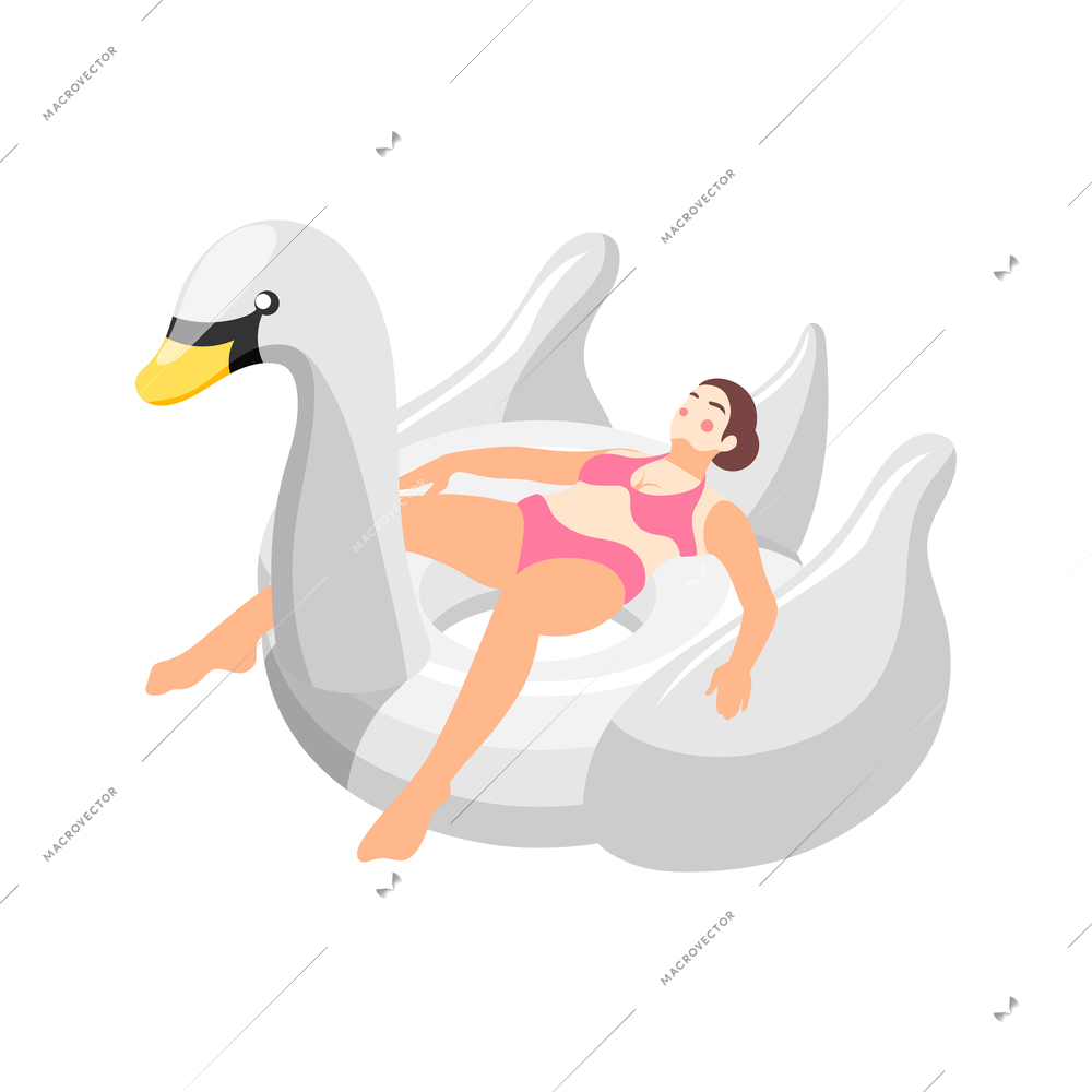 Isometric icon with woman lying on big inflatable swimming ring in shape of swan vector illustration