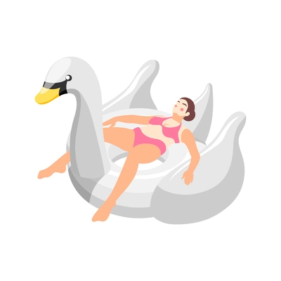 Isometric icon with woman lying on big inflatable swimming ring in shape of swan vector illustration