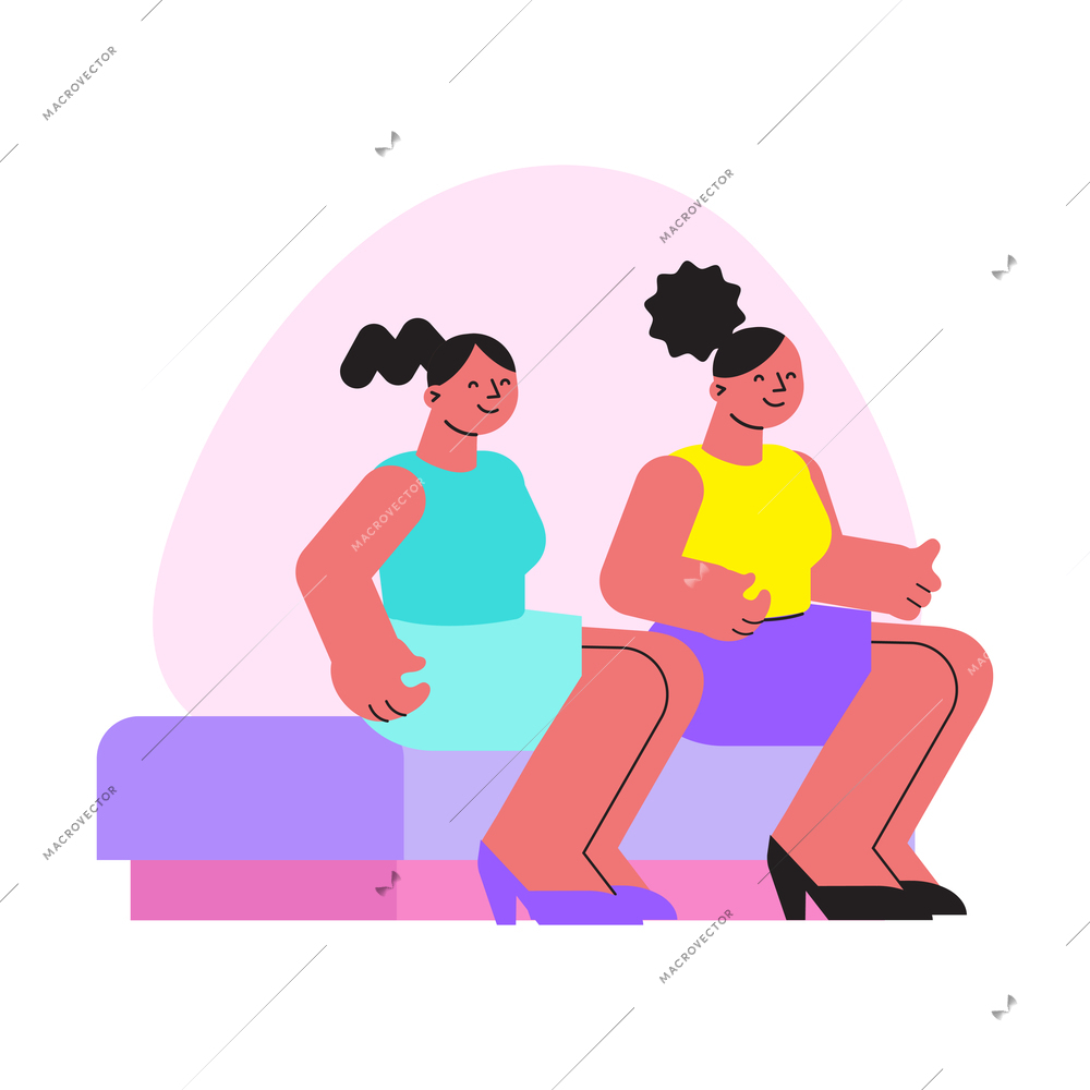 Two smiling women characters in flat style sitting on bench vector illustration