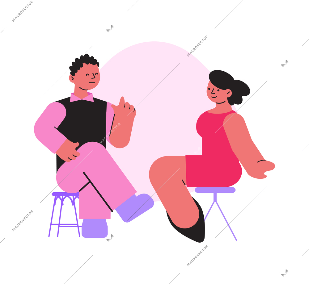 Woman having individual consultation with male psychologist flat vector illustration